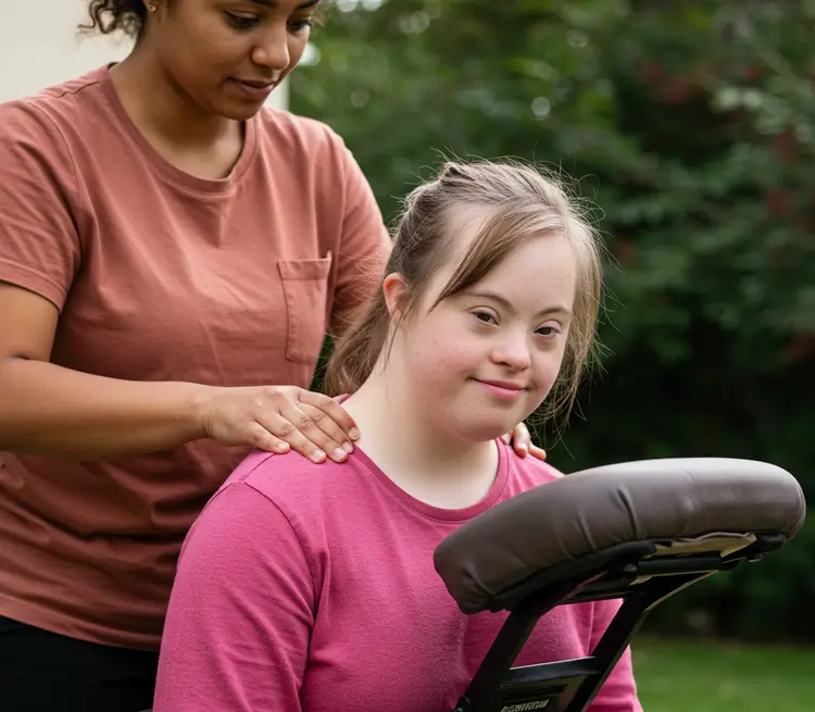 Mobile massage therapist giving event massage at a disability centre.