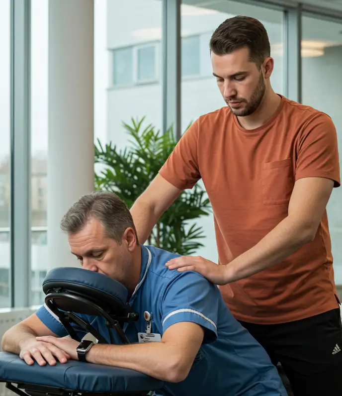 Mobile wellbeing service for NHS hospital workers. Seated chair massage being given to a nurse.