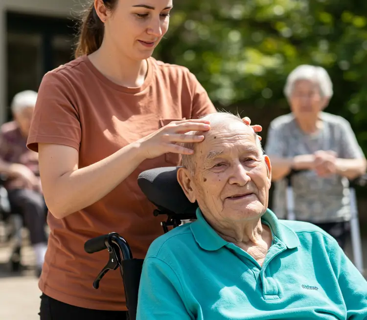 Mobile massage therapist giving event massage for the elderly. An old man is receiving a head massage.