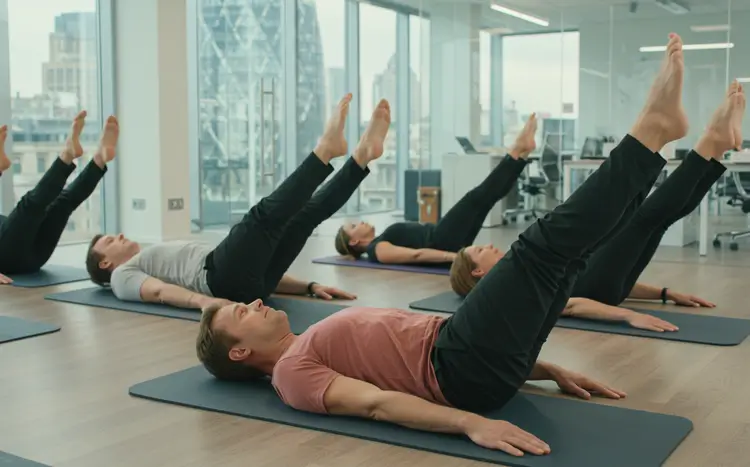 Employees in group office pilates class, in double leg stretch to ease back pain and improve posture.
