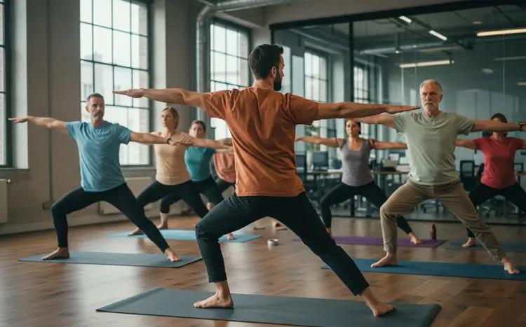 Employee wellbeing service of office yoga. In warrior pose to improve posture and relieve tension.